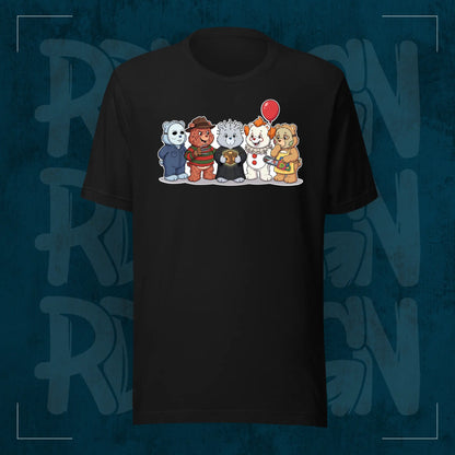 Schwarzes RodneyLogan Regular T-Shirt mit kleinem „Scare Bears“-Frontmotiv auf dunkelblauem Hintergrund.