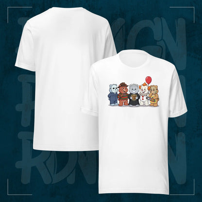 Weißes RodneyLogan Regular T-Shirt mit „Scare Bears“-Frontprint und schlichter Rückseite im Produktvergleich.
