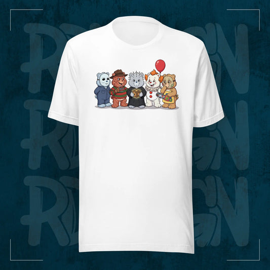 Weißes RodneyLogan Regular T-Shirt mit kleinem „Scare Bears“-Frontmotiv auf dunkelblauem Hintergrund.