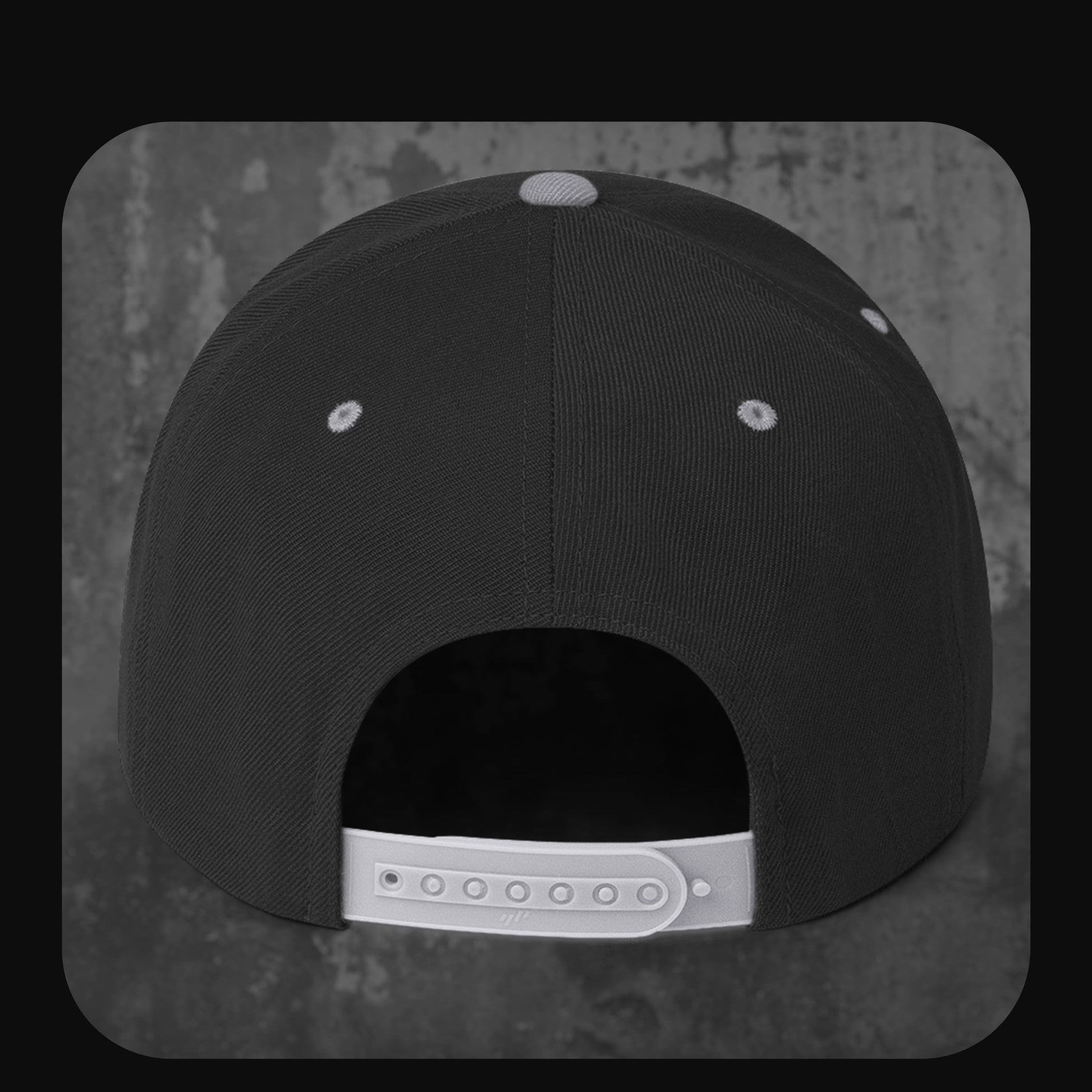 RodneyLogan Snapback Cap Rückansicht mit grauem Snap-Verschluss.
