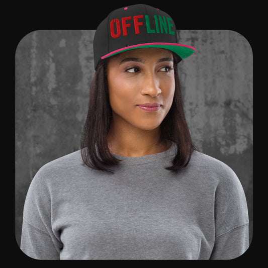 Frau mit schwarzer Snapback-Cap mit pinker Krempe, pinken Ösen und pinkem Knopf. Vorne der Schriftzug „OFFLINE“ in Rot und Grün, kombiniert mit grauem Sweatshirt.