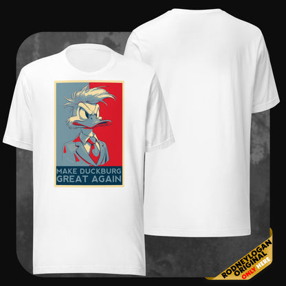 Weißes Unisex-T-Shirt mit humorvollem Retro-Design einer Ente im Anzug und der Aufschrift „Make Duckburg Great Again“.