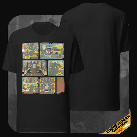 "Not Godzilla"-T-Shirt in Schwarz mit sechs grafischen Panels eines Monsters im Stil japanischer Retro-Comics.