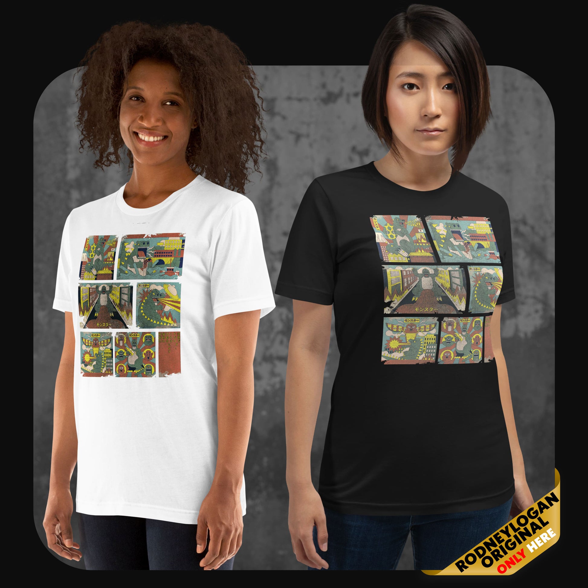 Zwei Personen tragen das "Not Godzilla"-T-Shirt in Weiß und Schwarz mit Retro-Monstermotiv im Comicstil.