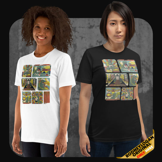 Zwei Personen tragen das "Not Godzilla"-T-Shirt in Weiß und Schwarz mit Retro-Monstermotiv im Comicstil.