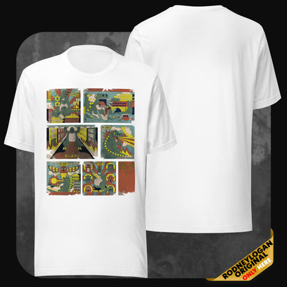 "Not Godzilla"-T-Shirt in Weiß, bedruckt mit einem humorvollen Comic über ein namenloses Monster.
