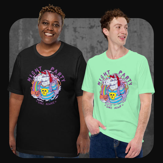 Zwei Personen tragen das Unisex T-Shirt Punicorn in Schwarz und Mint – locker, bunt, auffällig