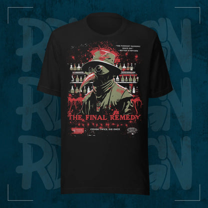 Schwarzes RodneyLogan Regular T-Shirt mit großem „The Final Remedy“-Frontprint und Pestdoktor-Grafik auf dunkelblauem Hintergrund.