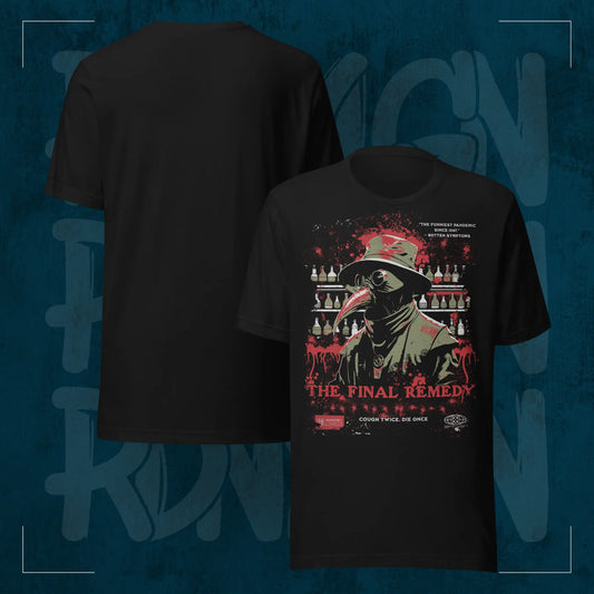 Schwarzes RodneyLogan Regular T-Shirt mit „The Final Remedy“-Frontmotiv und schlichter Rückseite im Produktvergleich auf dunkelblauem Hintergrund.