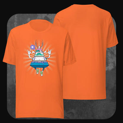Orangenes T-Shirt mit auffälliger Cartoon-Grafik einer schwebenden Figur mit pyramidenförmigem Körper, Bart, Brille und Geweih. Rückseite unbedruckt.
