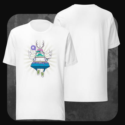 Weißes T-Shirt mit derselben bunten Cartoon-Grafik eines schwebenden, pyramidenförmigen Charakters mit Hut, Bart, Brille und Geweih. Rückseite schlicht.