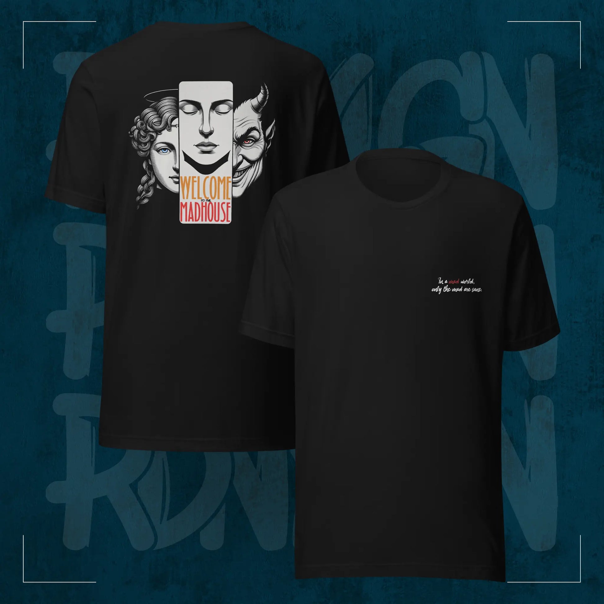 Schwarzes RodneyLogan Regular T-Shirt mit „Welcome to the Madhouse“-Rückenmotiv und kleinem Brustprint im Produktvergleich.