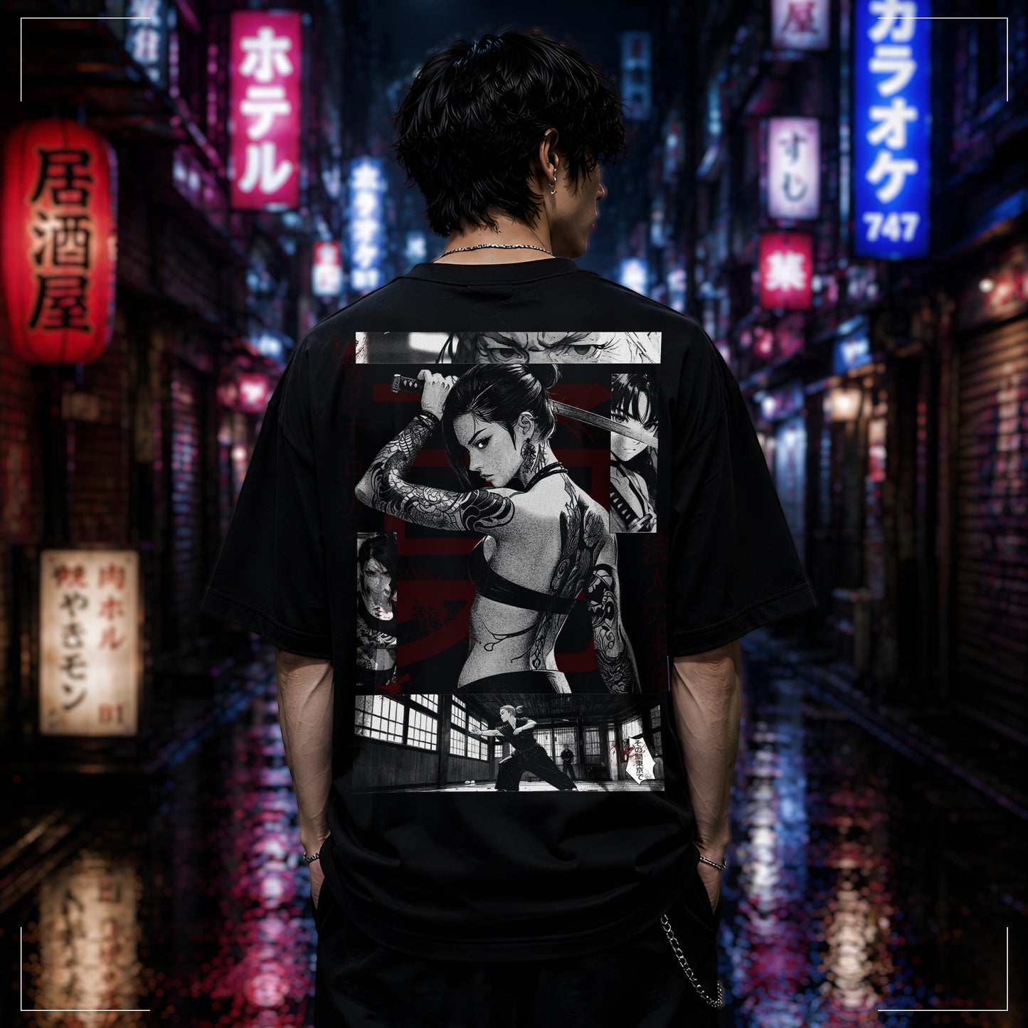 Rodney Logan YUNA schwarzes Oversized Anime Streetwear-T-Shirt mit Manga-Samurai-Backprint und japanisch inspiriertem Design in Neon-City-Kulisse.
