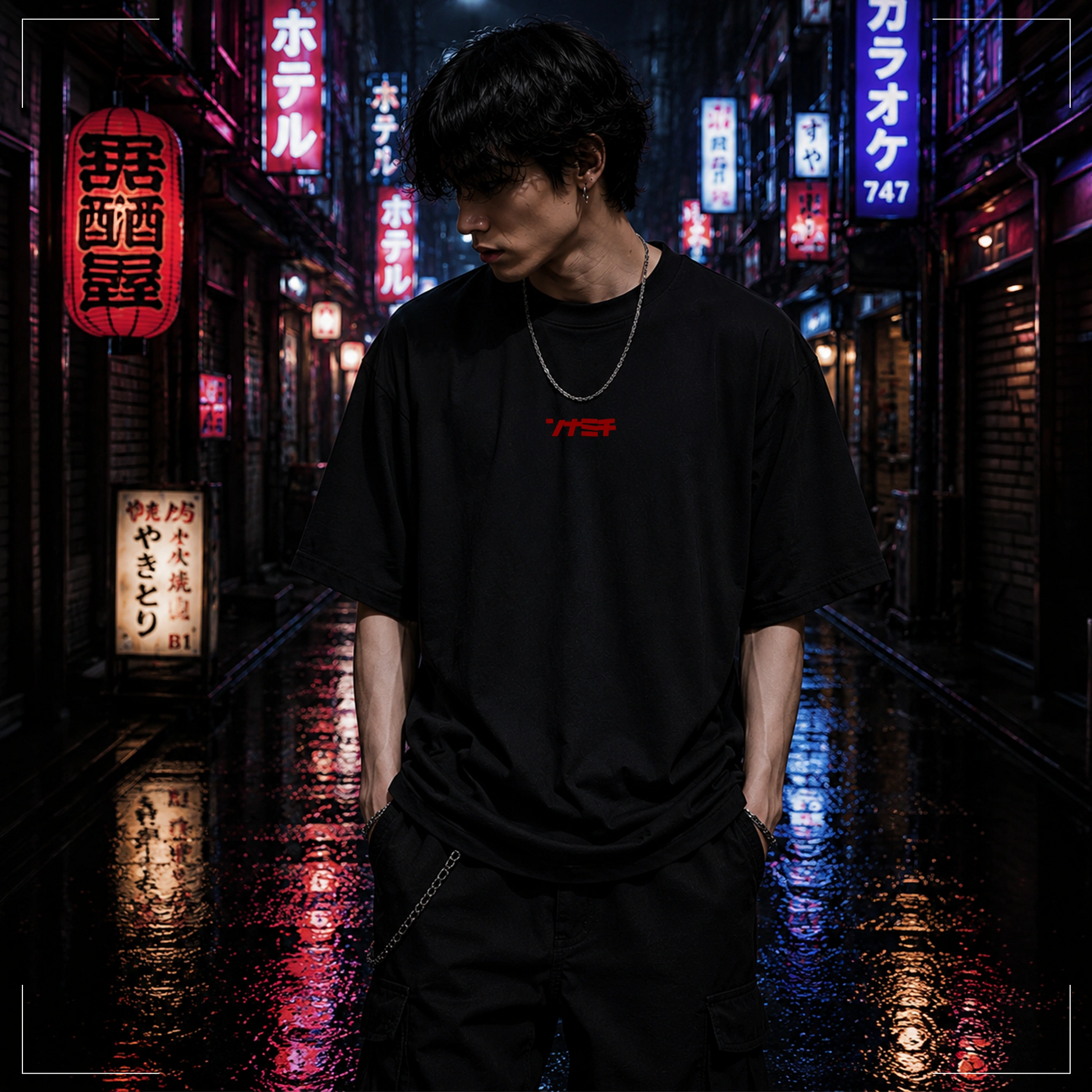 Rodney Logan YUNA schwarzes Oversized Anime Streetwear-T-Shirt mit rotem japanischem Brustprint und minimalistischer Cyberpunk-Optik.