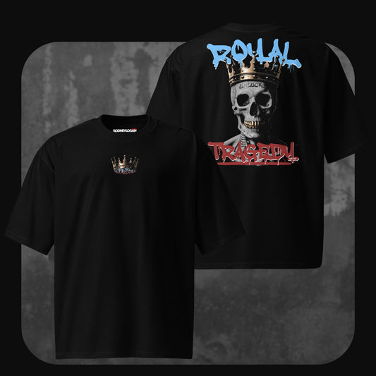 Front and back view of a black oversized t-shirt. The front displays a small crown graphic with the text “ROYAL TRAGEDY.” The back features a large print of a skull wearing a gold crown with graffiti-style blue “ROYAL” and red “TRAGEDY” text.