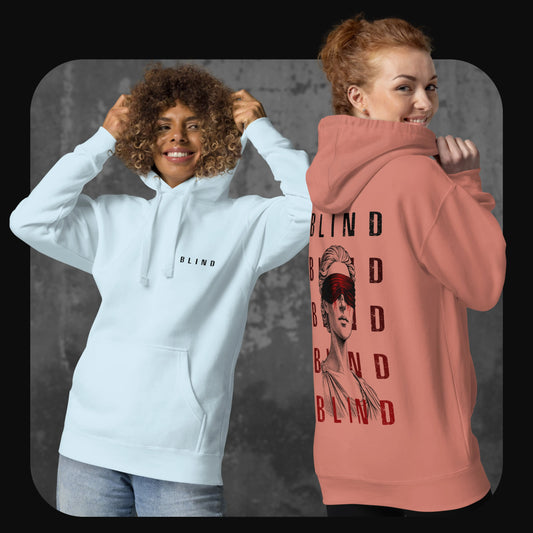 Two models wearing 'BLIND' hoodies in light blue and dusty rose, showing front and back prints with graphic blindfolded statue design
