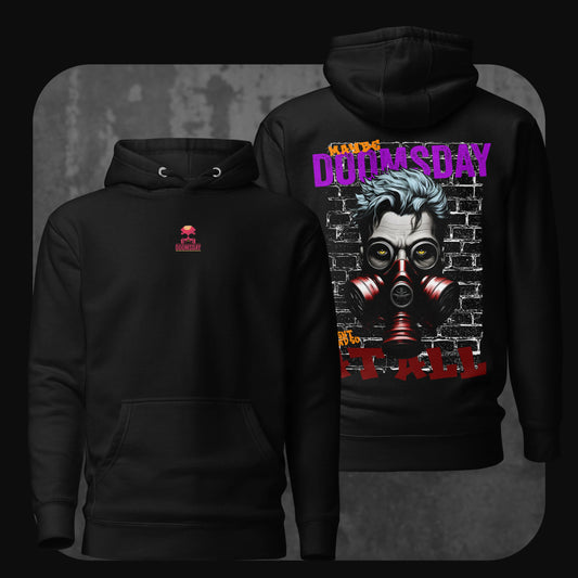 A black hoodie displayed front and back; the front features a red ‘DOOMSDAY’ logo with a skull graphic, and the back showcases a detailed illustration of a gas mask-wearing figure with piercing eyes, blue hair, and graffiti-style text on a black brick wall.