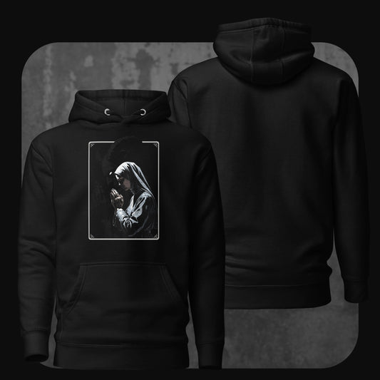Black hoodie with a centered print of a praying nun in grayscale tones on the front. The back is plain.”