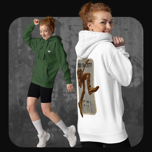 Woman wearing green and white hoodies with “Rock Da City” back print and mini skull logo on chest – RodneyLogan streetwear.