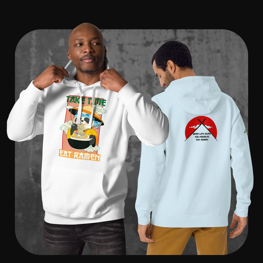 One model wears the hoodie front showing the ramen sloth design, while another displays the back design with crossed chopsticks and red sun.