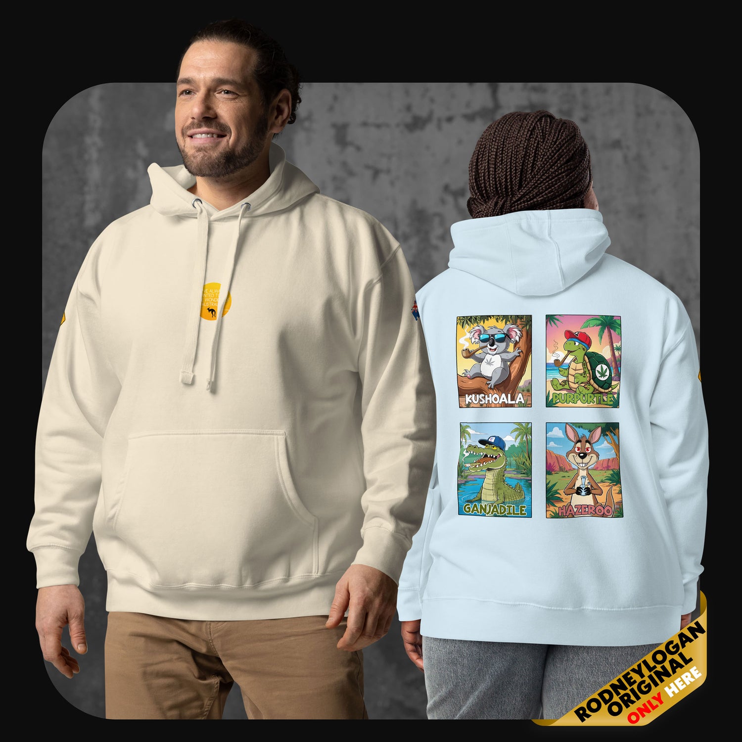Models wearing RodneyLogan hoodies in bone and ocean blue with back print featuring four Australian cartoon animals.