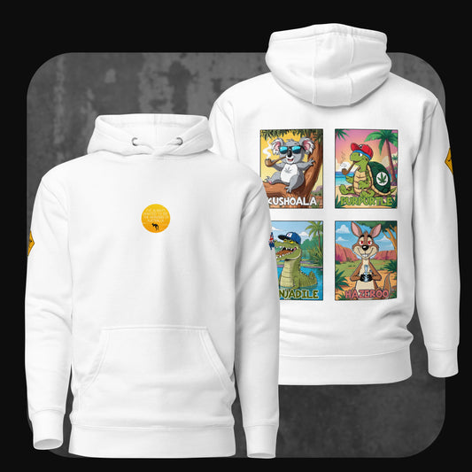 White hoodie with cartoon animal characters on the back and round yellow patch on the chest – RodneyLogan “Wonders of Australia” design.