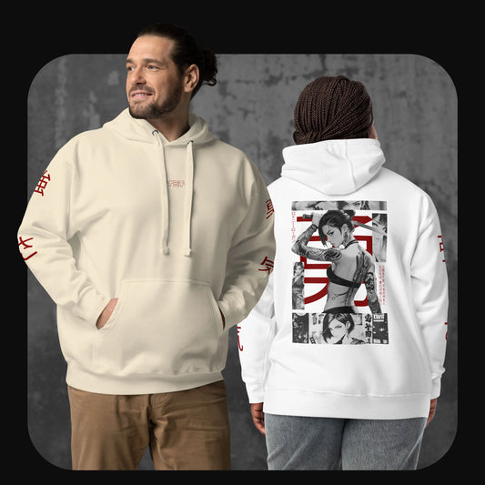 Two models wearing the “YUNA” hoodie in bone and white colors, showcasing the front and back manga design with bold red kanji.