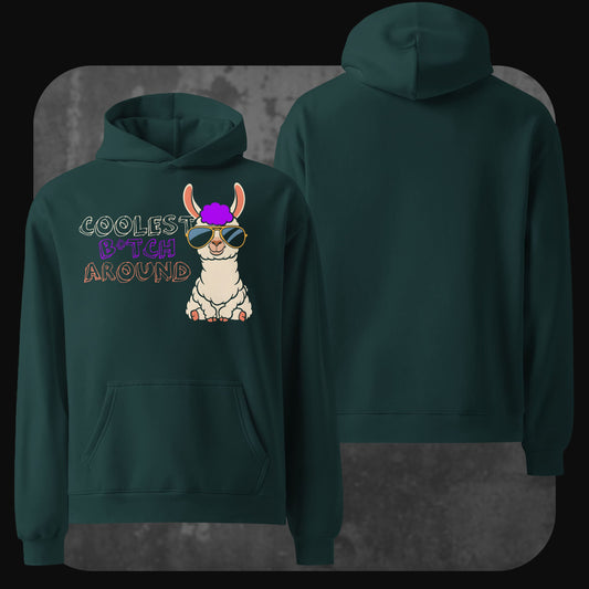 A dark green hoodie with the same colorful graphic and text design of the llama on the front. The back of the hoodie remains plain green.