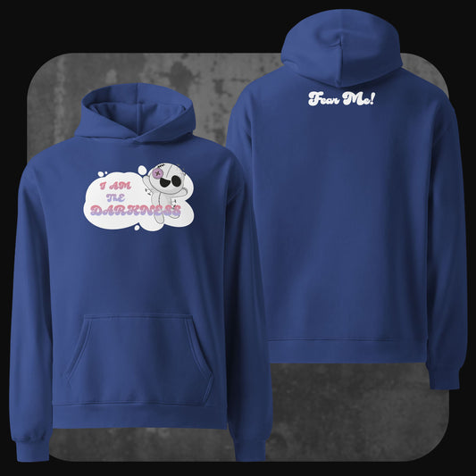 Front and back view of a royal blue oversized hoodie with the same cartoon skeleton and “I AM THE DARKNESS” text on the front. The back displays “Fear Me!” in white, placed at the top below the hood.