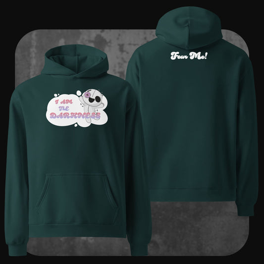 Front and back view of a dark green oversized hoodie featuring a cute cartoon skeleton on the front with the pink and white text “I AM THE DARKNESS” in a thought bubble. The back of the hoodie has the bold white text “Fear Me!” printed below the hood.