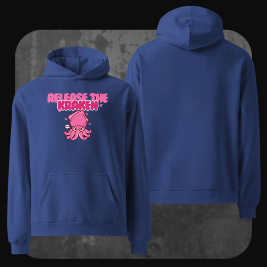 Front and back view of a royal blue oversized hoodie showing a cheerful pink squid graphic and the phrase “Release the Kraken” across the chest in bubble lettering. The back remains solid blue without print.