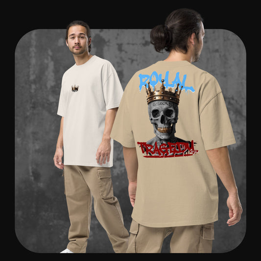 Two models wearing the “Royal Tragedy” t-shirt in bone and khaki. Back shows a dramatic crowned skull with graffiti lettering; front has a small crown logo on the chest.
