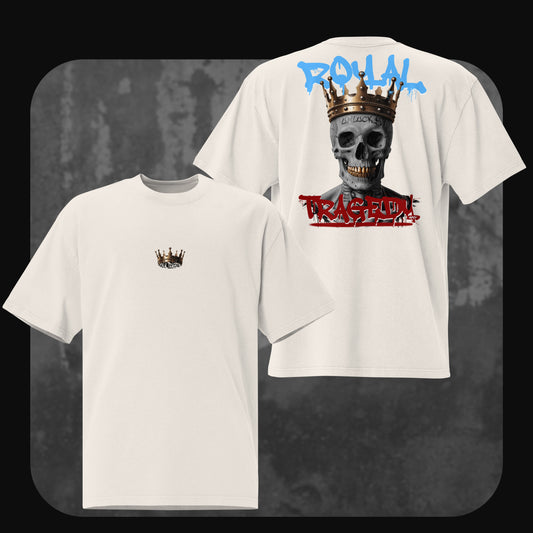 Bone-colored t-shirt with a large back design showing a skull wearing a crown, blue “ROYAL” tag, and red “TRAGEDY” graffiti. The front displays a centered mini crown graphic.