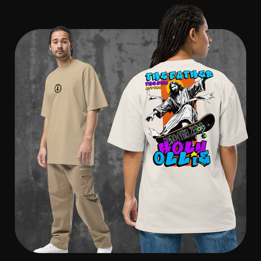 Two models wearing oversized T-shirts with ‘Holy Ollie’ design. One model shows the front with a small round logo; the other reveals the back with a dramatic image of Jesus performing an ollie on a skateboard and bold, graffiti-like text.