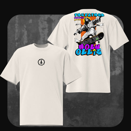 Oversized T-shirt in faded bone with a minimalist front print of a crown of thorns and a skateboard wheel. The back features a colorful graphic of Jesus skateboarding with the text ‘The Father, The Son and The Holy Ollie