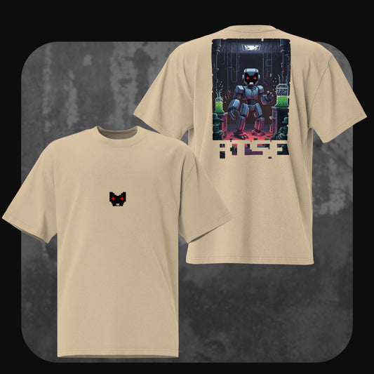 Khaki-colored oversized t-shirt with a pixelated cat face logo on the front. The back features a large detailed artwork of a robot in a dark laboratory filled with green chemical flasks and a distorted “RISE” graphic at the bottom.