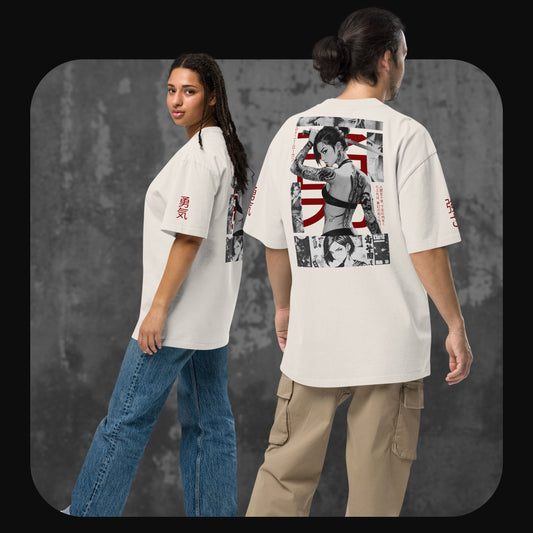 Two models wearing Rodney Logan’s oversized T-shirt “Yuna” – front and back view. The back features a tattooed manga-style female warrior with a rising sun motif and Japanese typography.