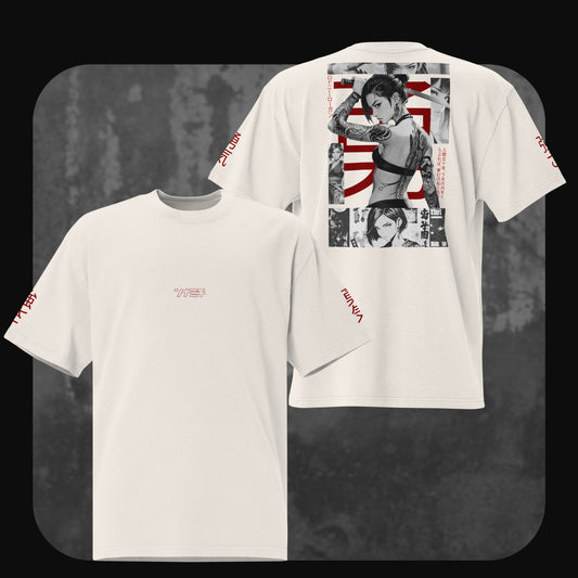 Rodney Logan oversized T-shirt “Yuna” in faded bone, shown front and back. The front has minimal Japanese script, the back features a manga-style female warrior with Japanese flag elements.