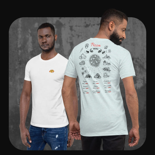 Two models wearing pizza-themed shirts—white with pizza icon front and menu back, and light silver with full illustrated pizza menu on the back.