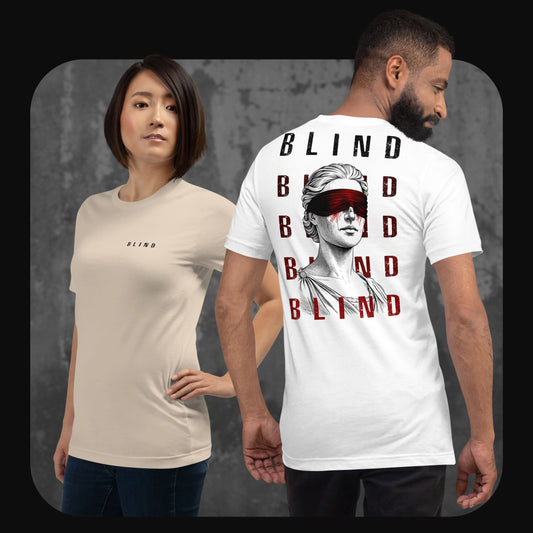 Two people wearing RodneyLogan “Blind” graphic t-shirts, front with minimalist logo and back with blindfolded statue design.