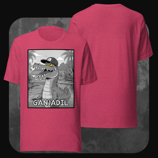 Heather raspberry GANJADIL T-shirt from RodneyLogan featuring an illustrated alligator in a comic-style jungle scene.