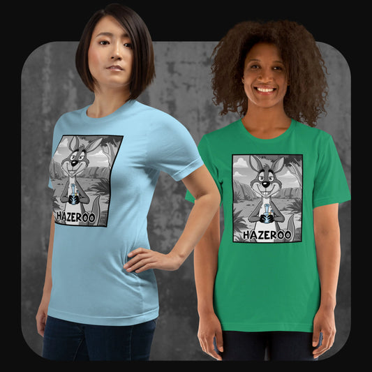 Two models wearing RodneyLogan’s HazerOo T-shirts in ocean blue and green, showing a fun stoner kangaroo print.