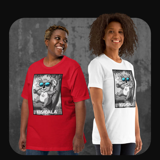 Two models wearing Kushoala T-shirts in red and white with koala smoking illustration and relaxed vibe – RodneyLogan streetwear.