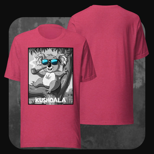 Koala cartoon graphic with sunglasses and pipe on a pink heather unisex T-shirt – RodneyLogan Kushoala series.