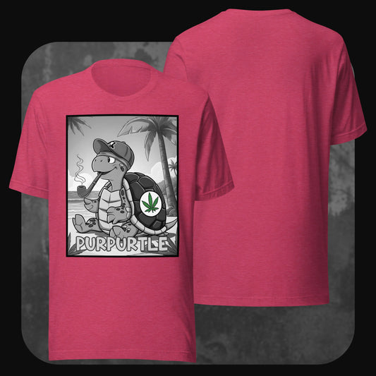 Heather raspberry t-shirt with stoner turtle "Purpurtle" cartoon print relaxing with a pipe under palm trees.
