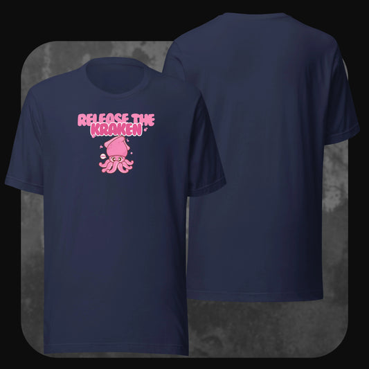 Navy blue T-shirt with a vibrant pink squid illustration and ‘Release the Kraken’ text across the chest in a playful font, front and back view.