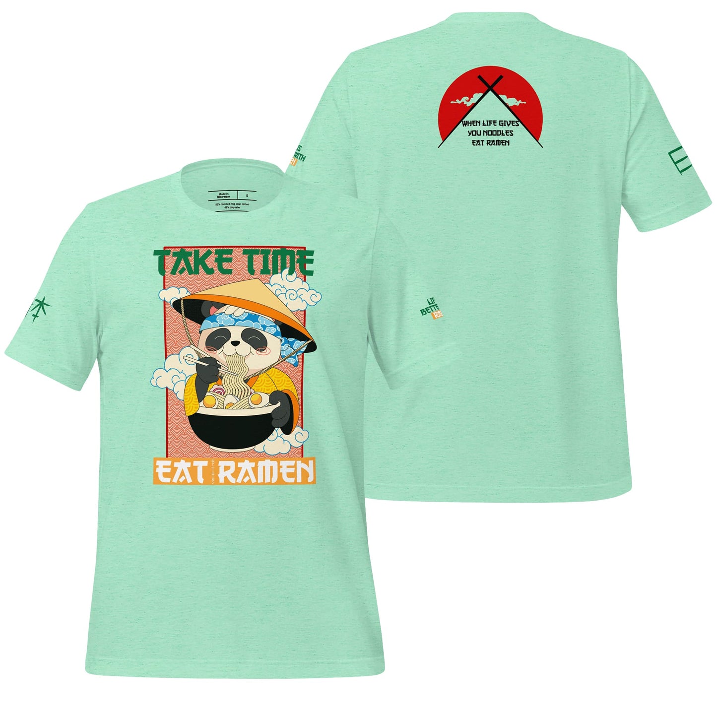 A refreshing heather mint t-shirt featuring the "Take Time, Eat Ramen" design, with playful text and charming graphics celebrating ramen culture. The pastel hue and casual fit make it perfect for relaxed, foodie-inspired outfits.