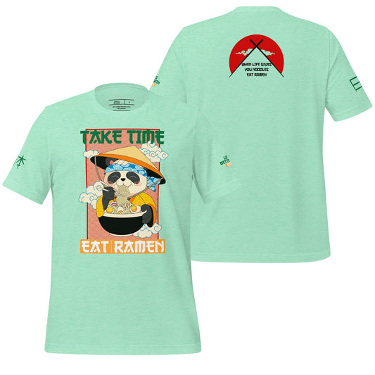 A refreshing heather mint t-shirt featuring the "Take Time, Eat Ramen" design, with playful text and charming graphics celebrating ramen culture. The pastel hue and casual fit make it perfect for relaxed, foodie-inspired outfits.