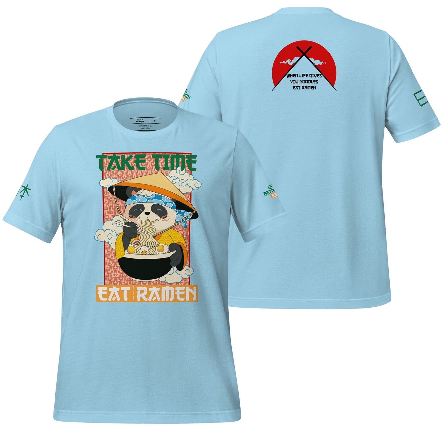 An ocean blue t-shirt showcasing the "Take Time, Eat Ramen" design, combining a calming shade with fun, quirky visuals. Ideal for casual wear with a lighthearted touch.