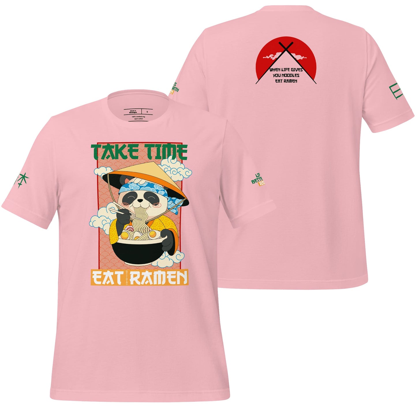 A soft pink t-shirt adorned with the "Take Time, Eat Ramen" design, blending a cheerful pastel tone with whimsical ramen-themed artwork. Great for a fun and stylish casual look.